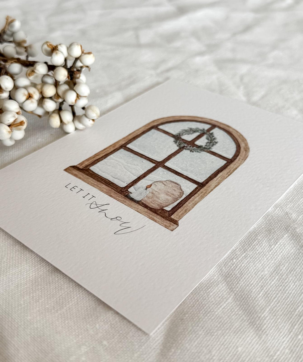 Postkarte „Let it Snow“ – Handgemalte Aquarellkarte mit Fenster, Kerze & Kranz